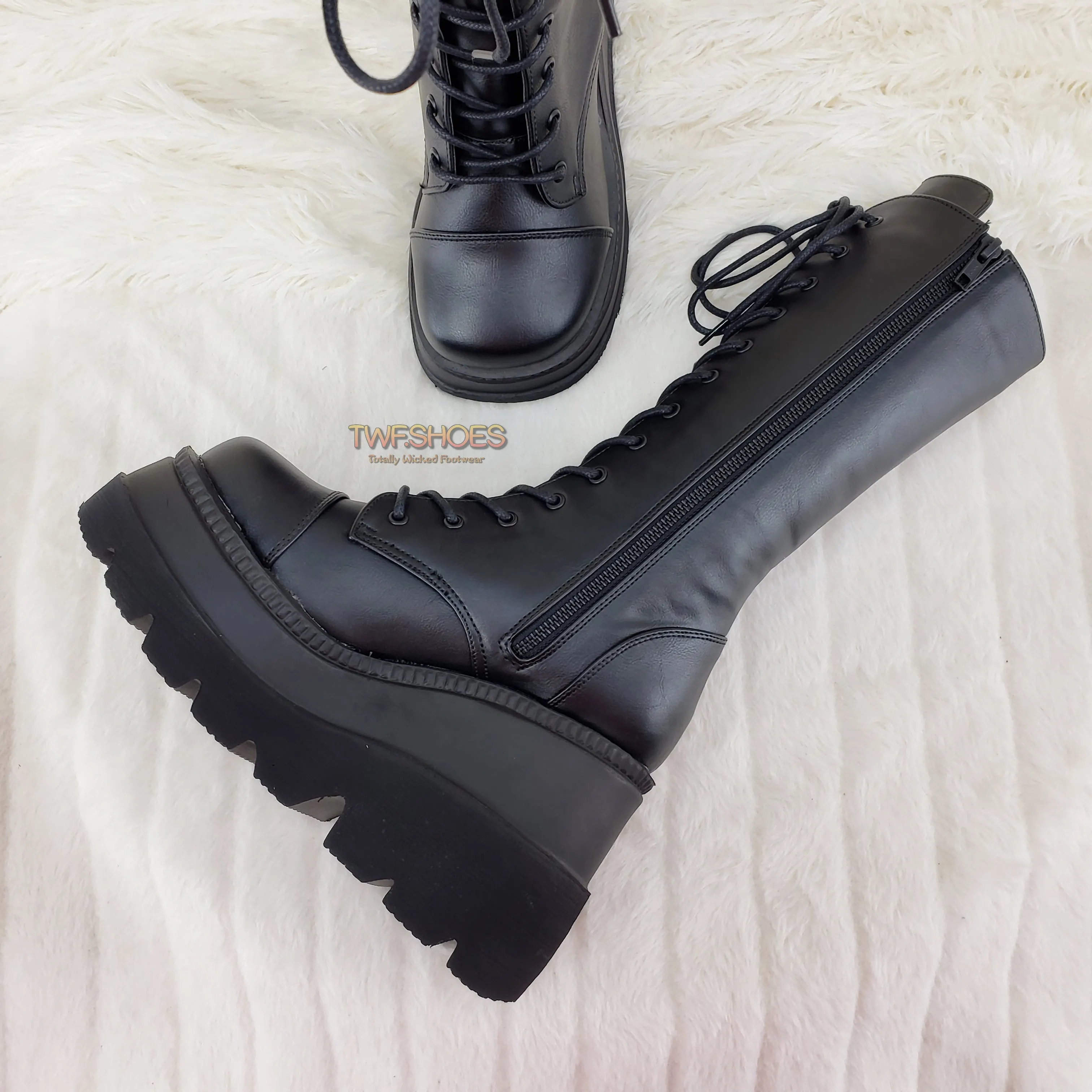 Shaker 72 Black Lace Up Cyber Goth Platform Knee Boot  - Demonia Direct