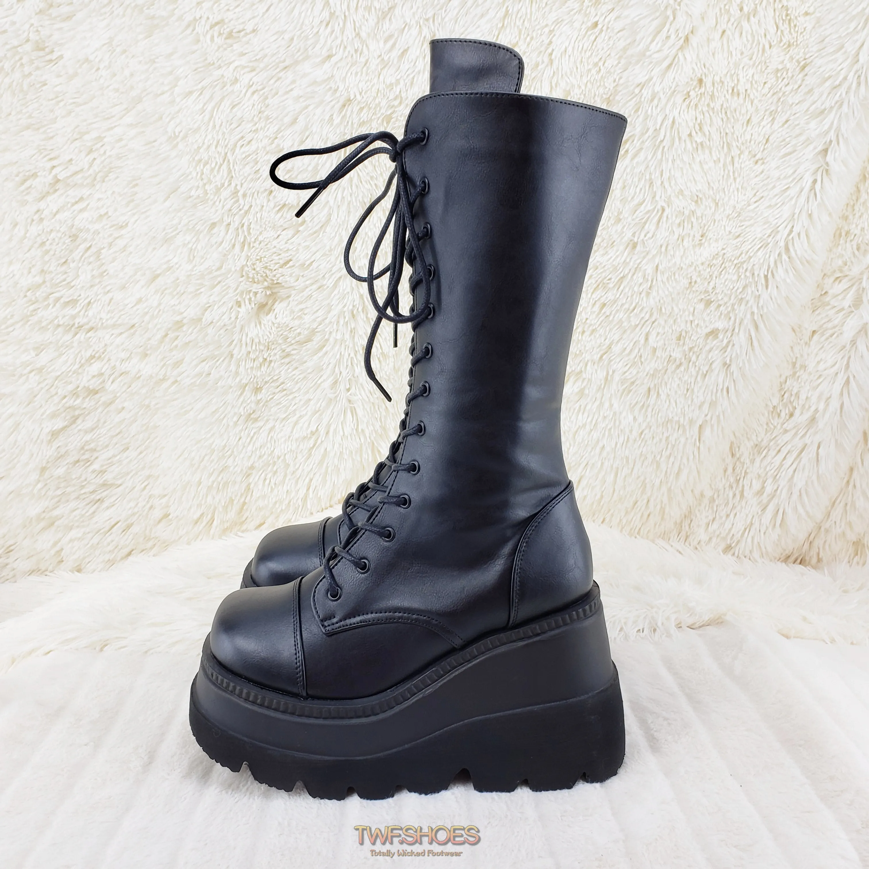 Shaker 72 Black Lace Up Cyber Goth Platform Knee Boot  - Demonia Direct
