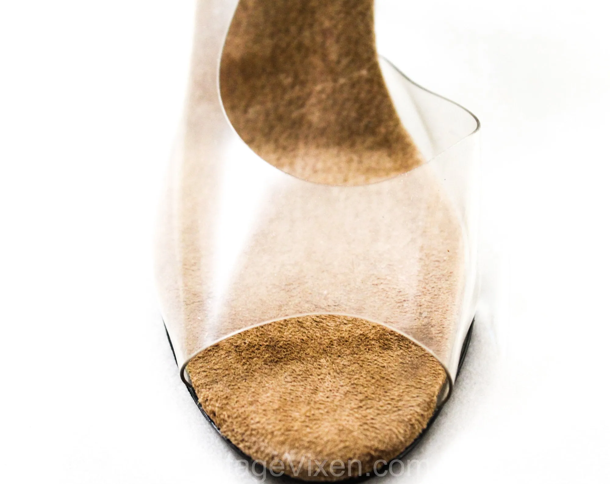 Size 6 Crystal Clear Shoes - See Through Transparent Heels by Onex - 1980s Vinyl & Lucite Heels - Taupe Slingbacks - Sexy Glass Slipper Look