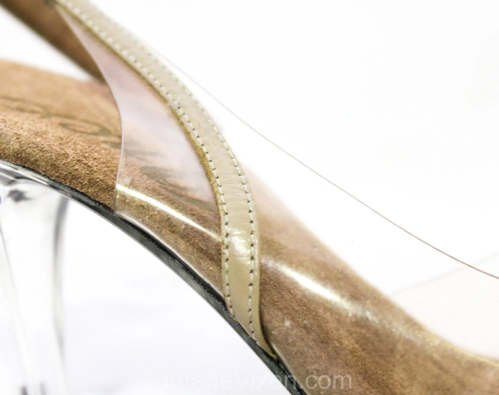 Size 6 Crystal Clear Shoes - See Through Transparent Heels by Onex - 1980s Vinyl & Lucite Heels - Taupe Slingbacks - Sexy Glass Slipper Look