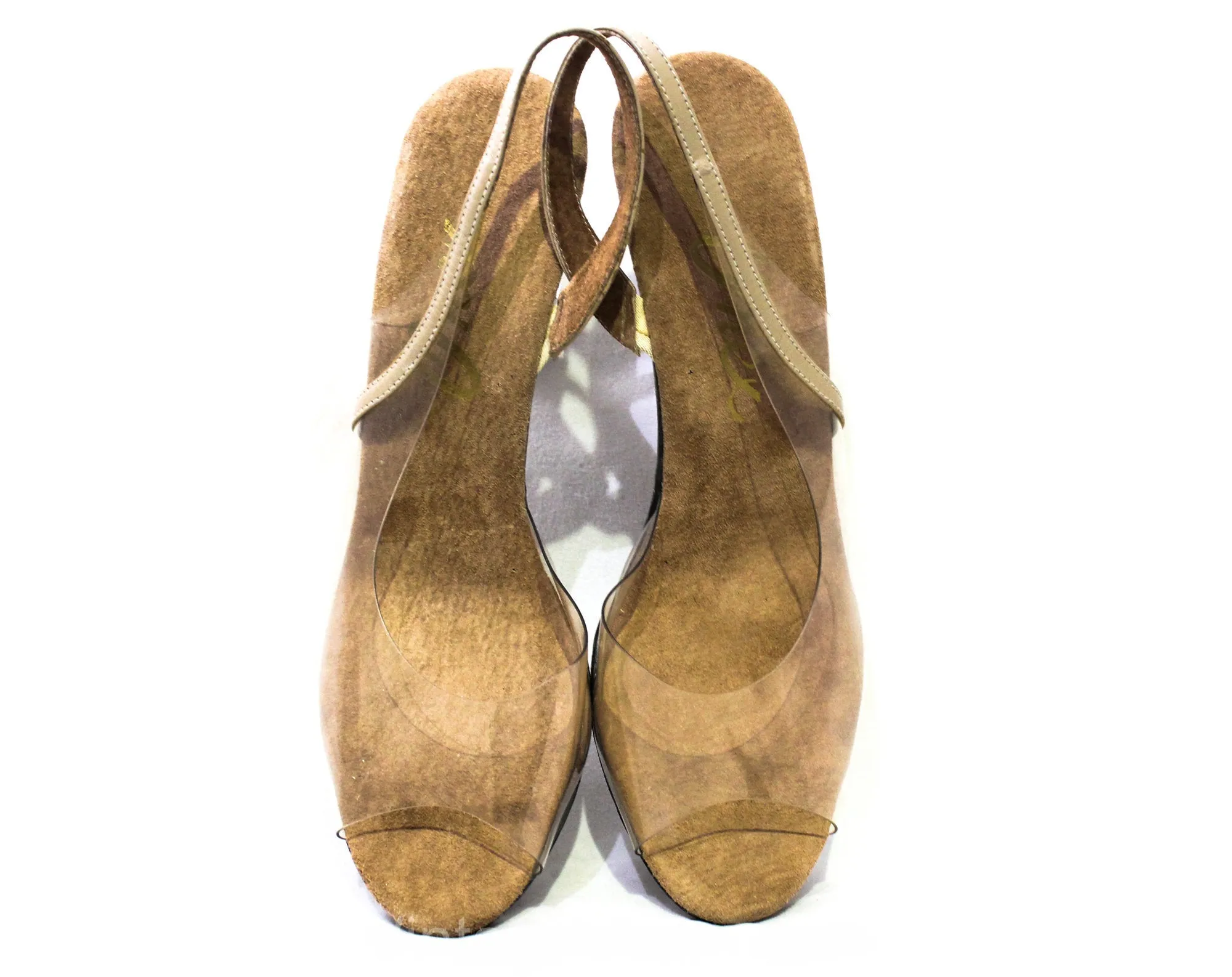Size 6 Crystal Clear Shoes - See Through Transparent Heels by Onex - 1980s Vinyl & Lucite Heels - Taupe Slingbacks - Sexy Glass Slipper Look
