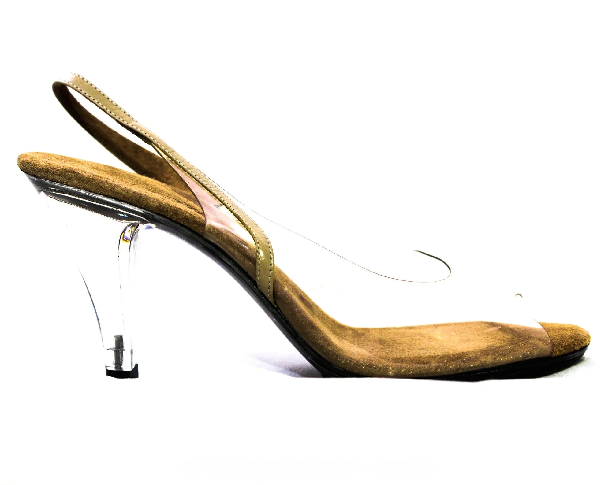 Size 6 Crystal Clear Shoes - See Through Transparent Heels by Onex - 1980s Vinyl & Lucite Heels - Taupe Slingbacks - Sexy Glass Slipper Look