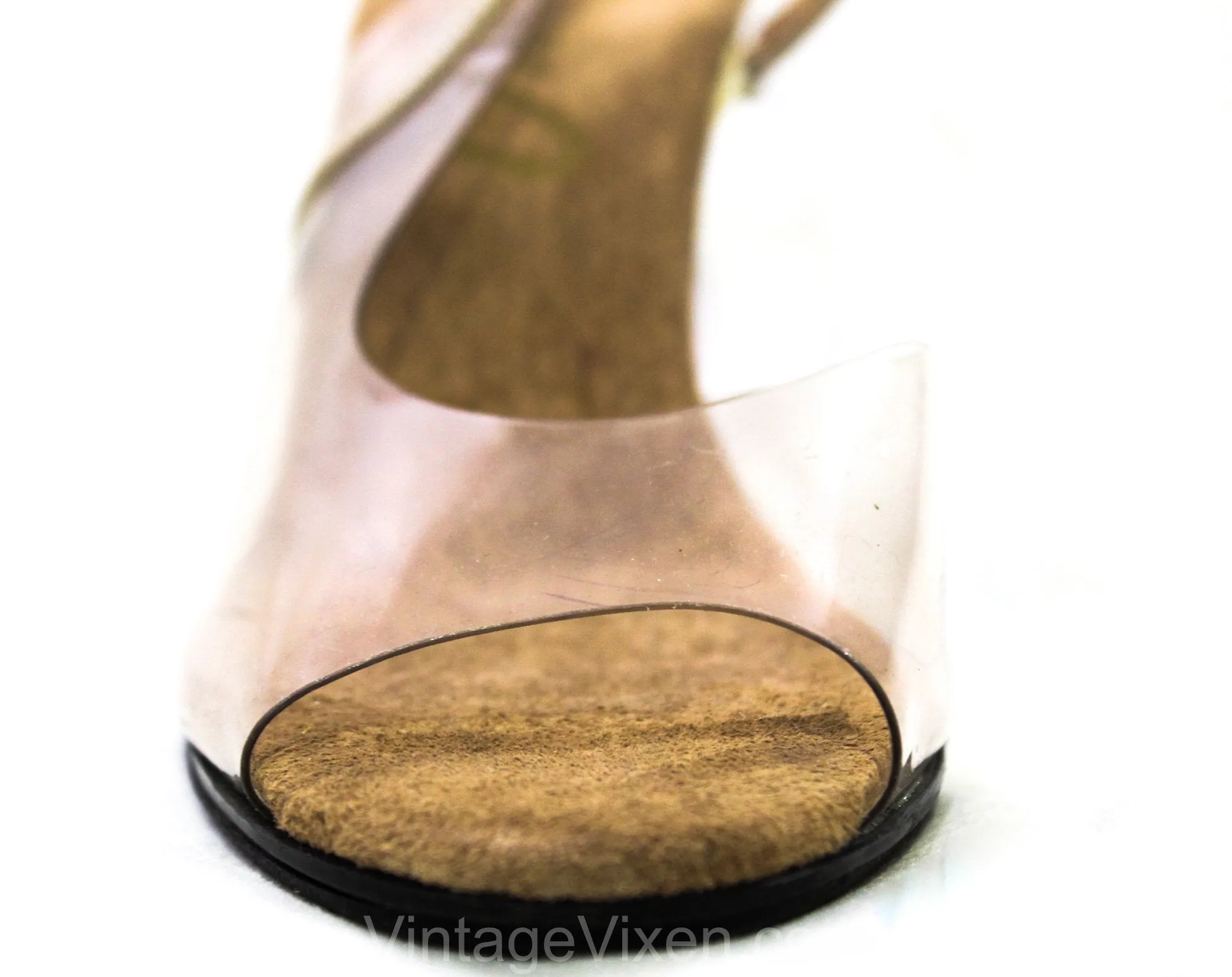 Size 6 Crystal Clear Shoes - See Through Transparent Heels by Onex - 1980s Vinyl & Lucite Heels - Taupe Slingbacks - Sexy Glass Slipper Look