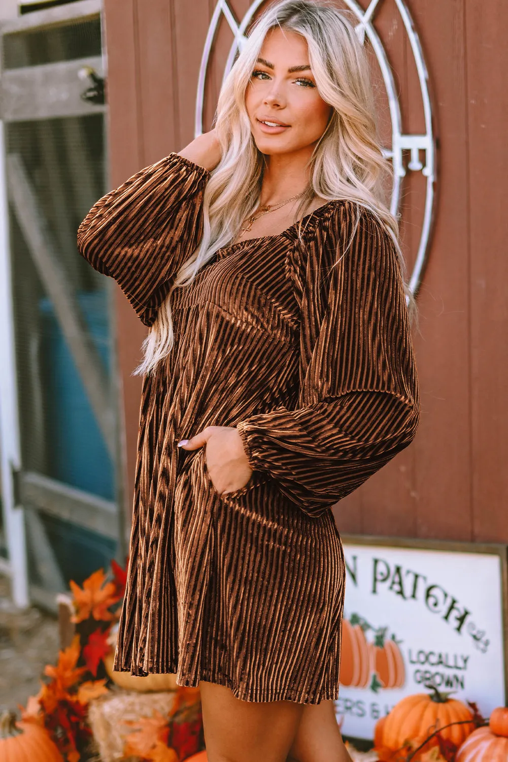 Tie Back Square Neck Velvet Babydoll Dress