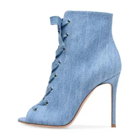 Trend4us Women's Denim Lace-Up Peep Toe Stiletto Ankle Boots