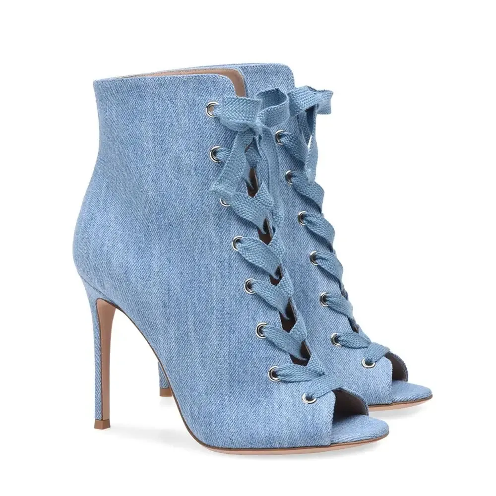 Trend4us Women's Denim Lace-Up Peep Toe Stiletto Ankle Boots