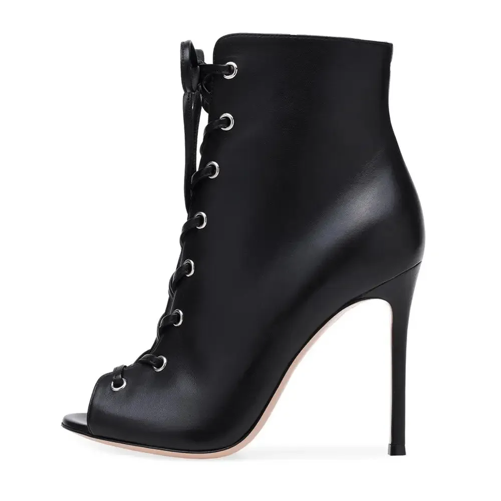 Trend4us Women's Denim Lace-Up Peep Toe Stiletto Ankle Boots
