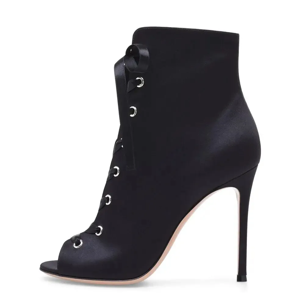 Trend4us Women's Denim Lace-Up Peep Toe Stiletto Ankle Boots