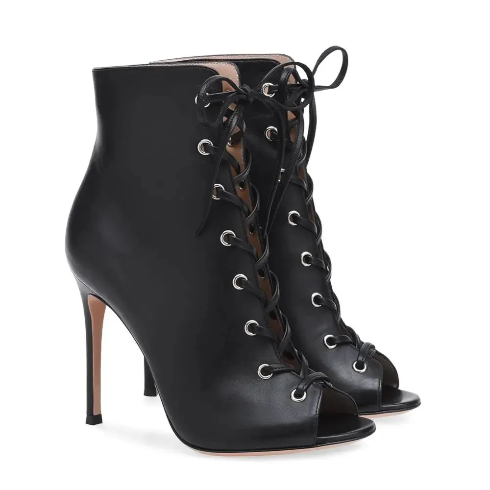 Trend4us Women's Denim Lace-Up Peep Toe Stiletto Ankle Boots