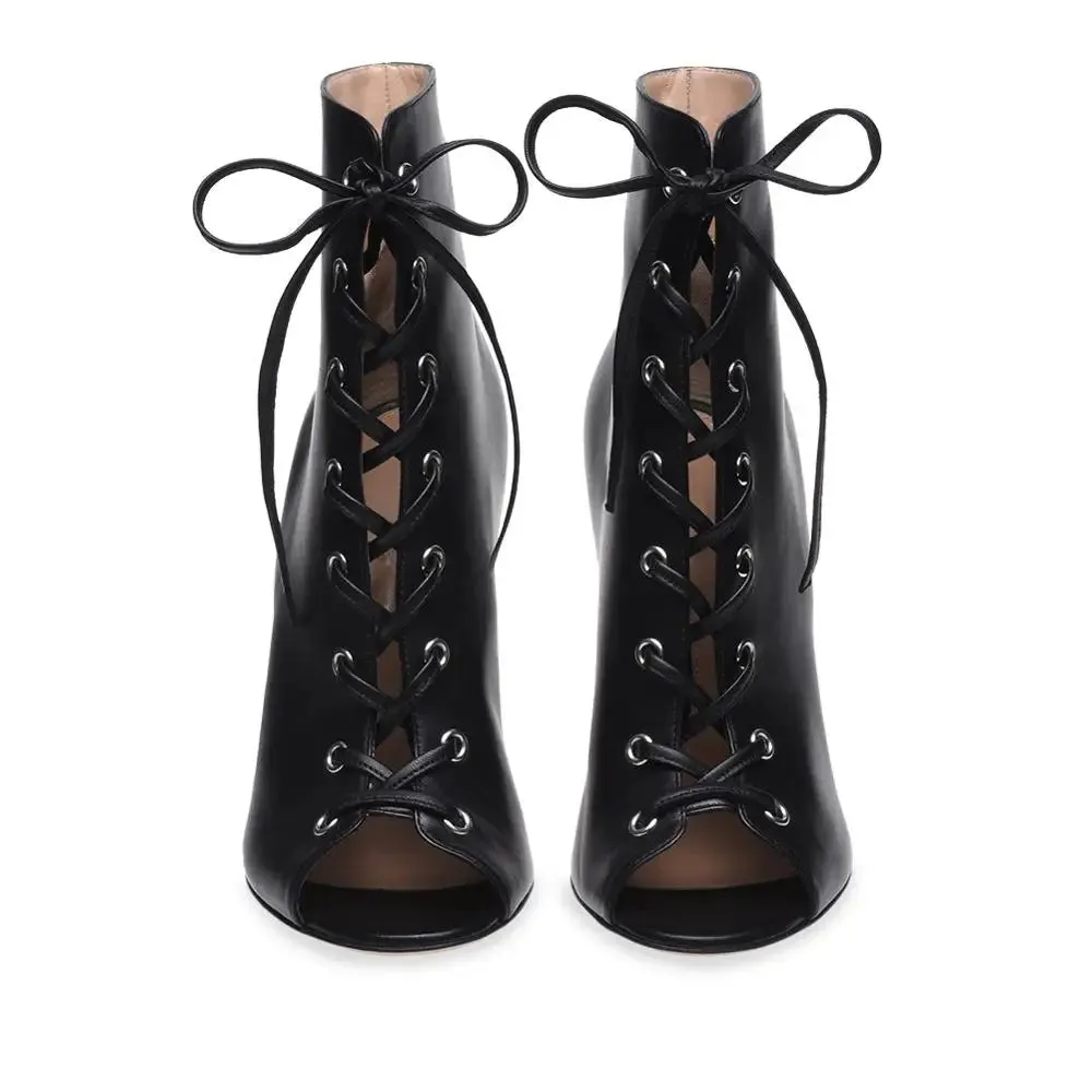 Trend4us Women's Denim Lace-Up Peep Toe Stiletto Ankle Boots