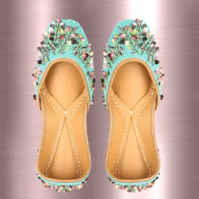 Turquoise Jutti For Women | Beautiful Floral Work | Wedding Wear