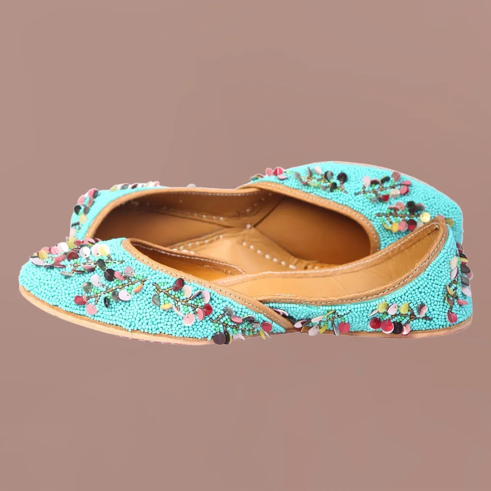Turquoise Jutti For Women | Beautiful Floral Work | Wedding Wear