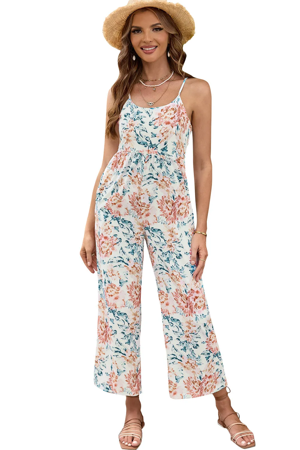 White Floral Spaghetti Straps Wide Leg Jumpsuit