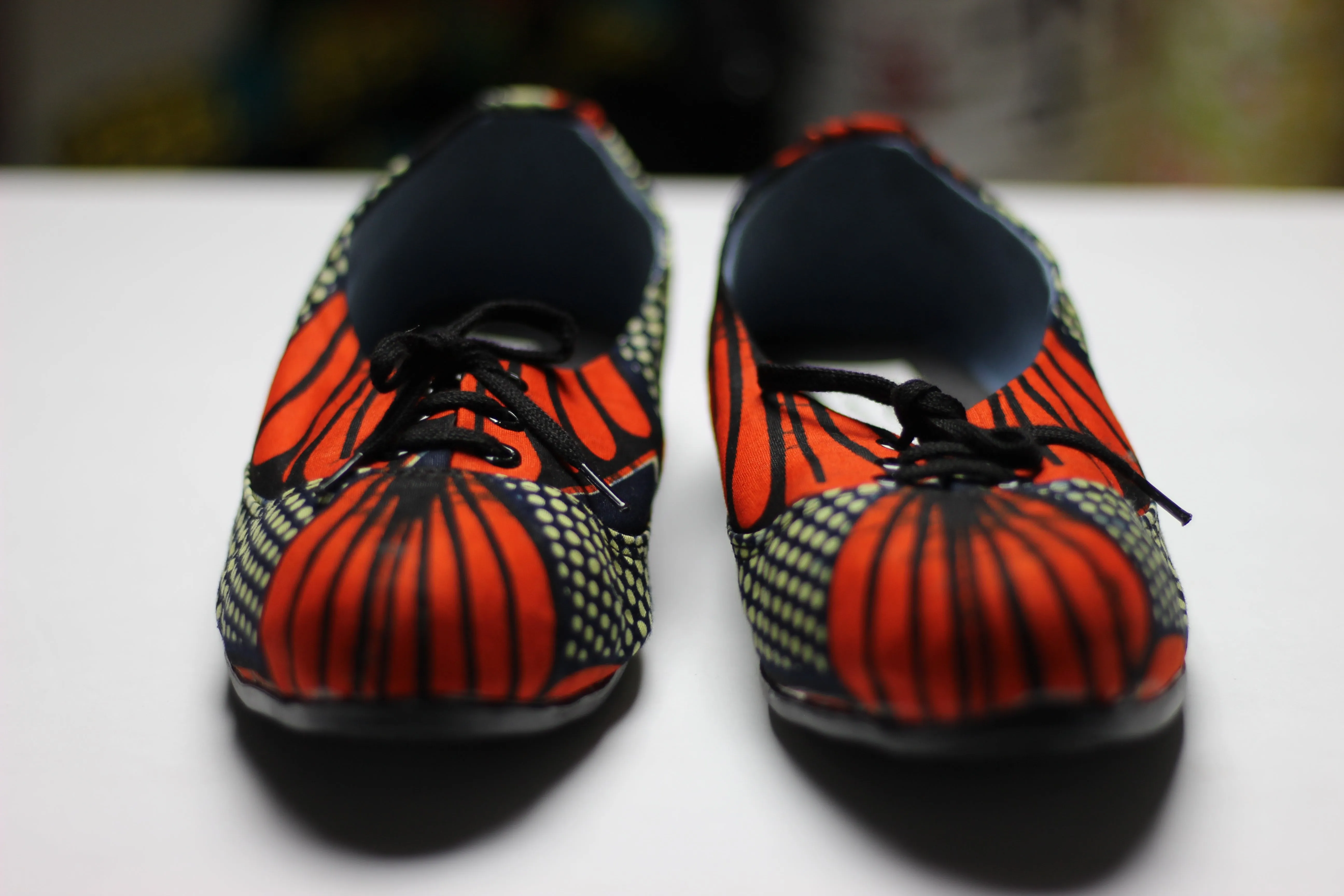 Women's African Print / Ankara Flat Shoes (with laces) -  Red and Navy Blue Floral Print