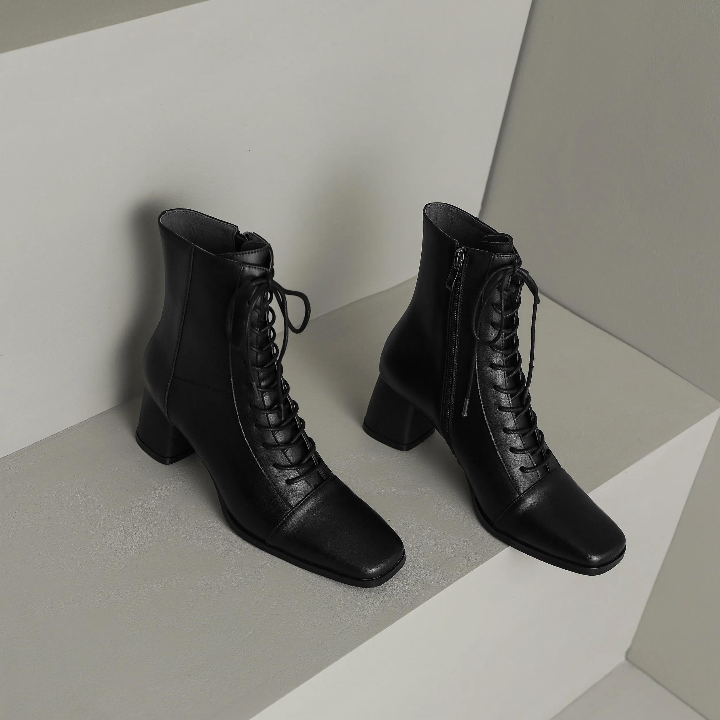 Womens Lace-up Zipper Square Toe Block Heels Leather Ankle Boots