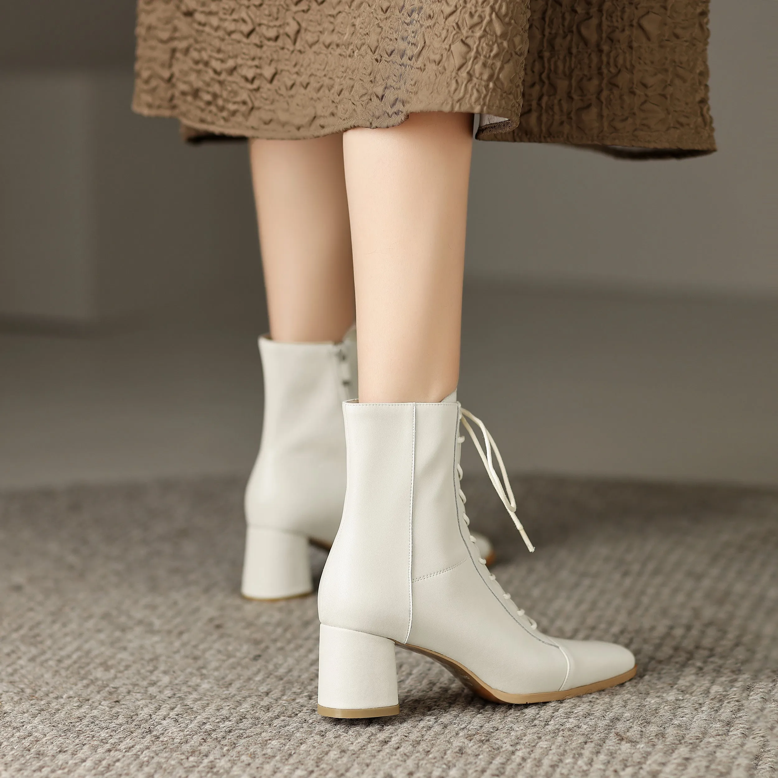 Womens Lace-up Zipper Square Toe Block Heels Leather Ankle Boots