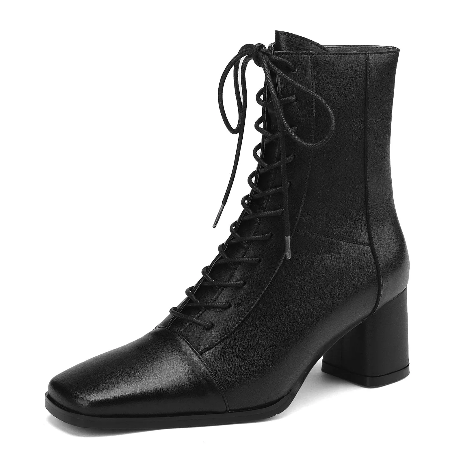 Womens Lace-up Zipper Square Toe Block Heels Leather Ankle Boots