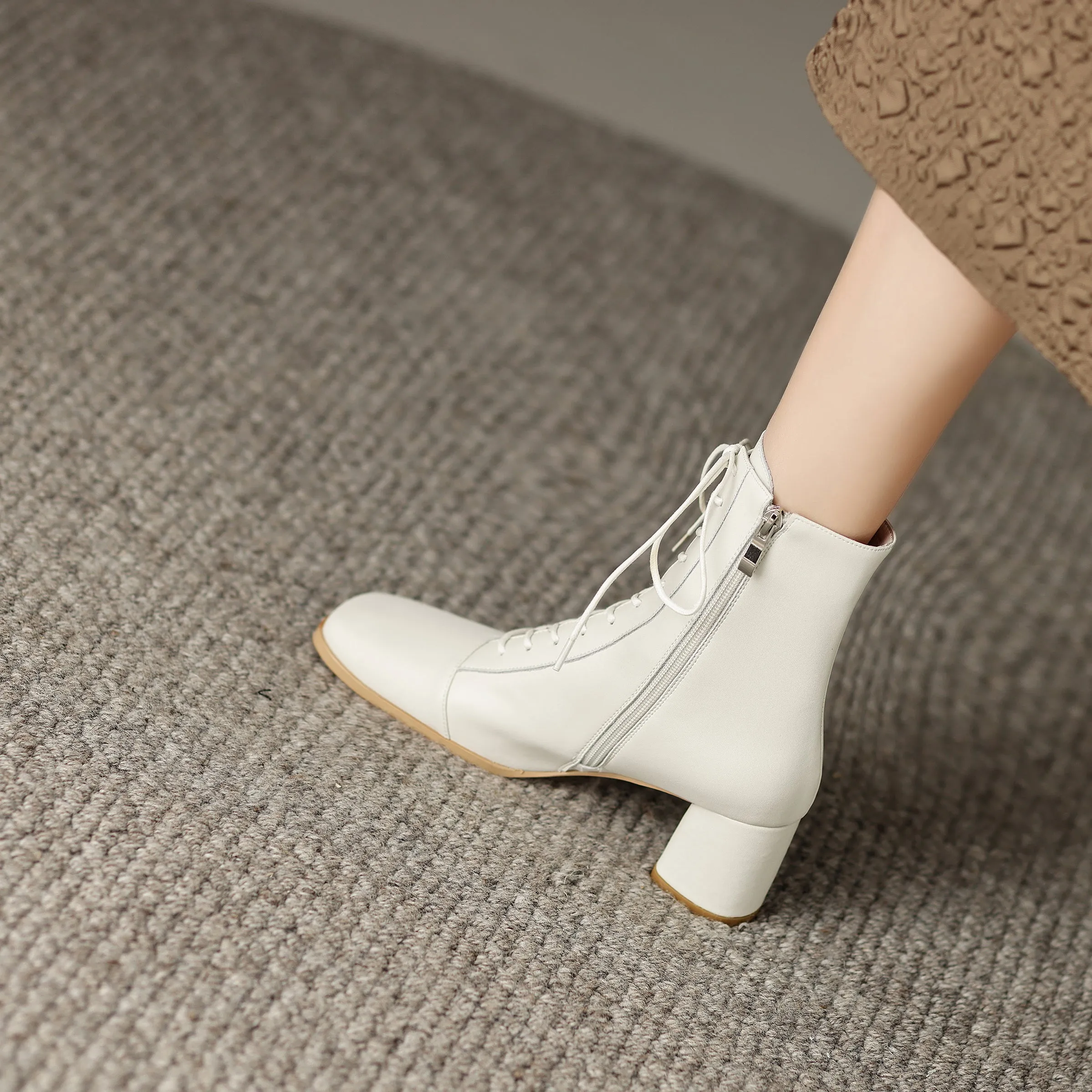 Womens Lace-up Zipper Square Toe Block Heels Leather Ankle Boots