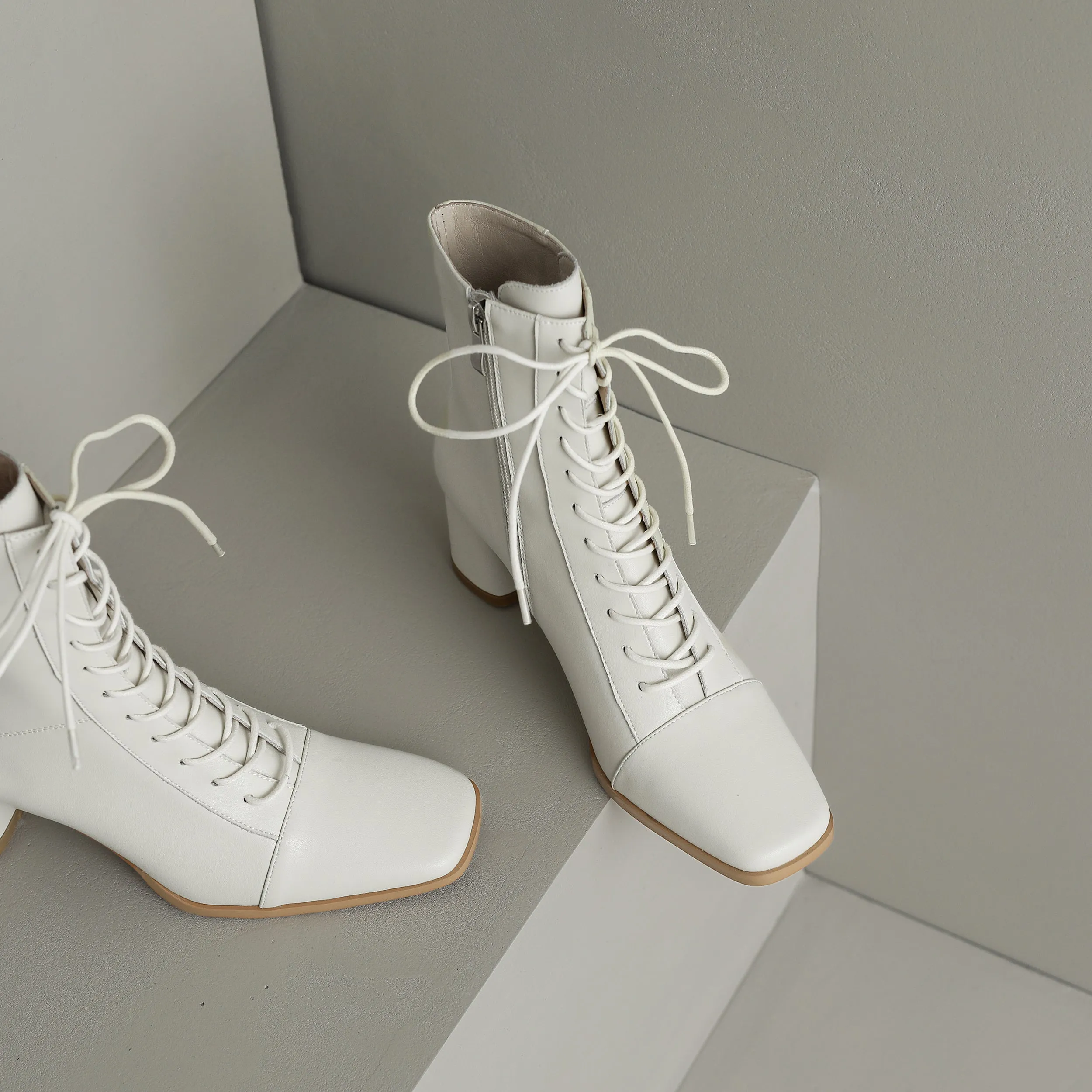 Womens Lace-up Zipper Square Toe Block Heels Leather Ankle Boots