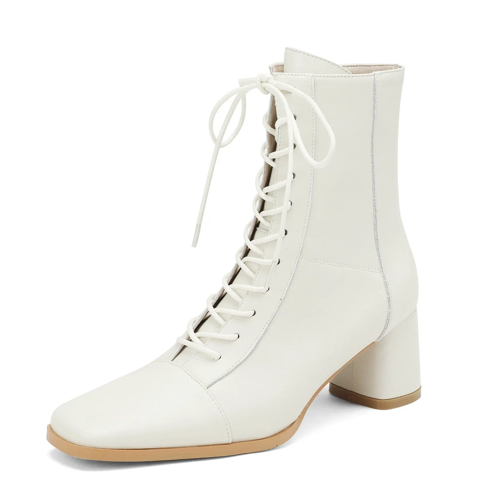 Womens Lace-up Zipper Square Toe Block Heels Leather Ankle Boots