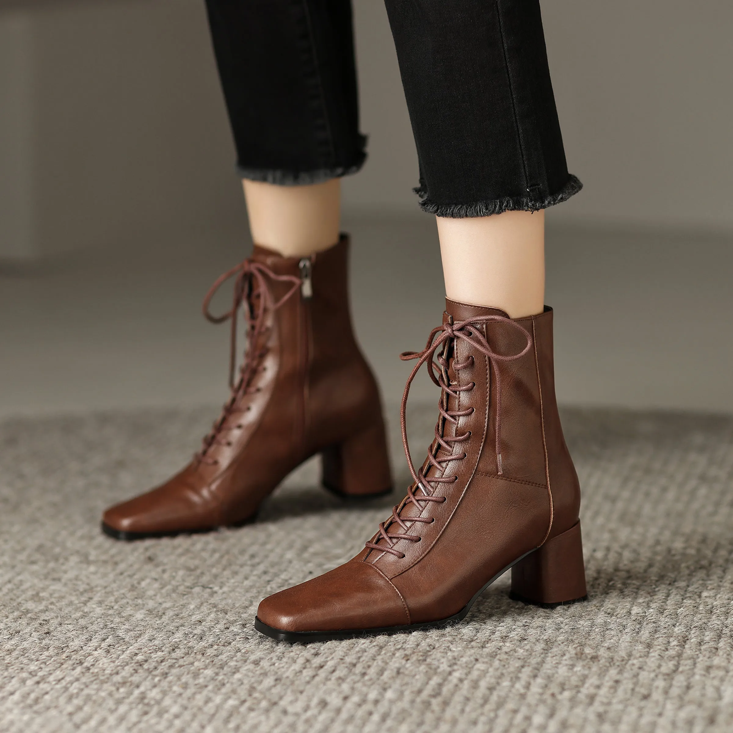 Womens Lace-up Zipper Square Toe Block Heels Leather Ankle Boots