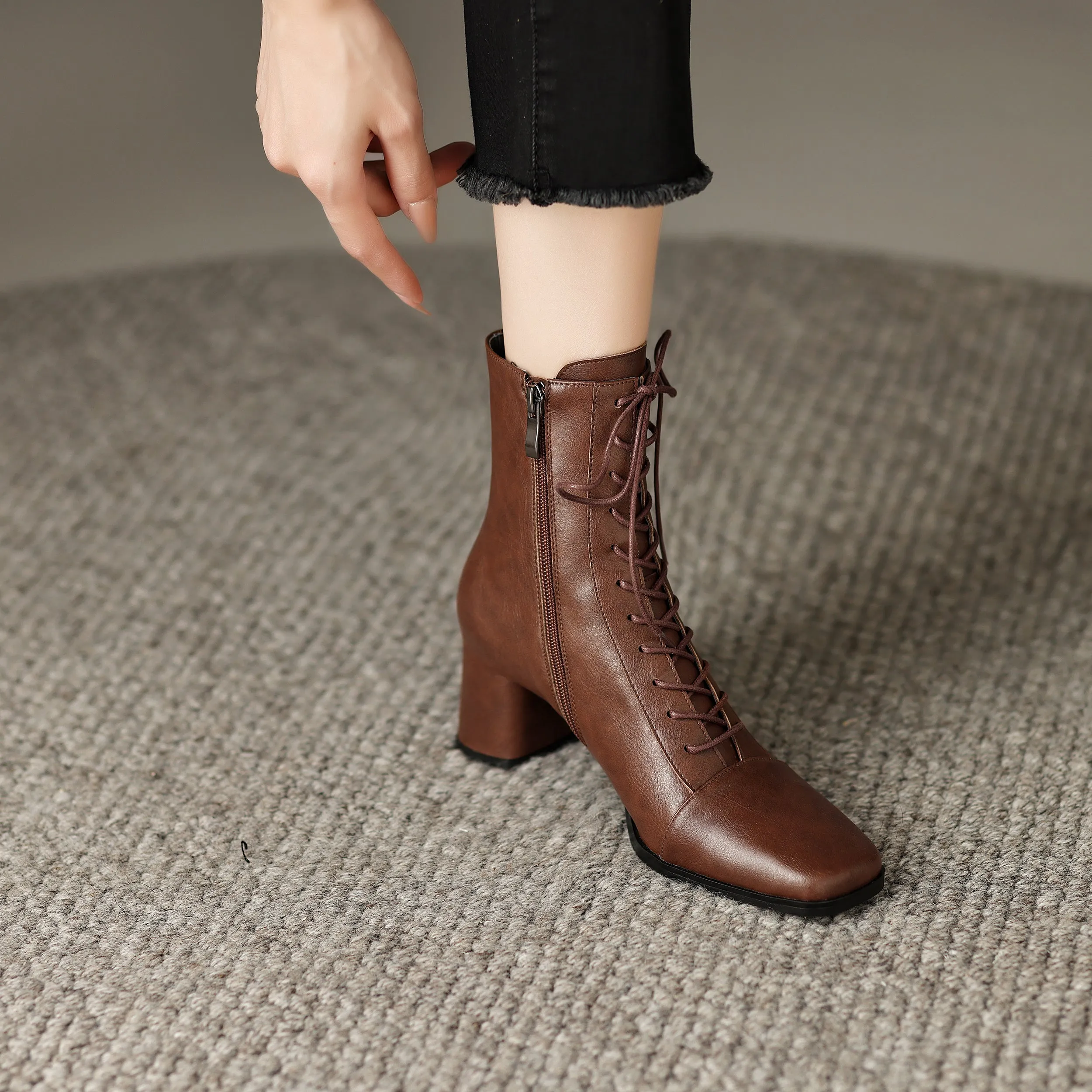 Womens Lace-up Zipper Square Toe Block Heels Leather Ankle Boots