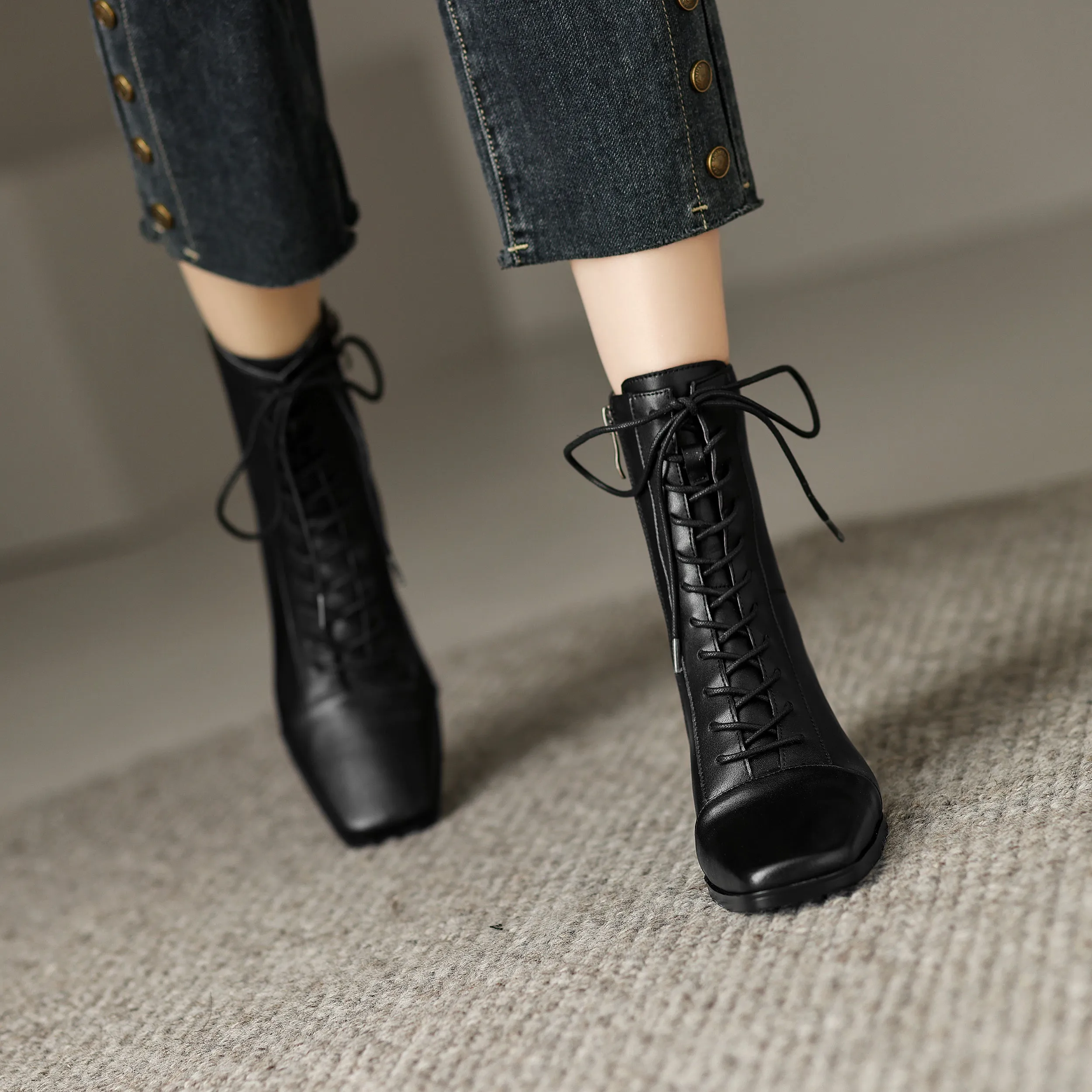 Womens Lace-up Zipper Square Toe Block Heels Leather Ankle Boots
