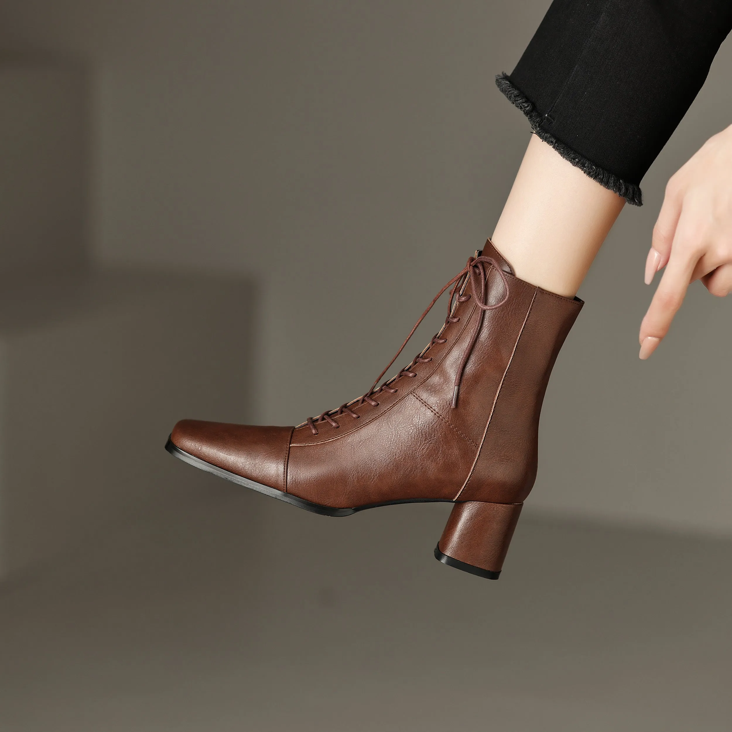 Womens Lace-up Zipper Square Toe Block Heels Leather Ankle Boots