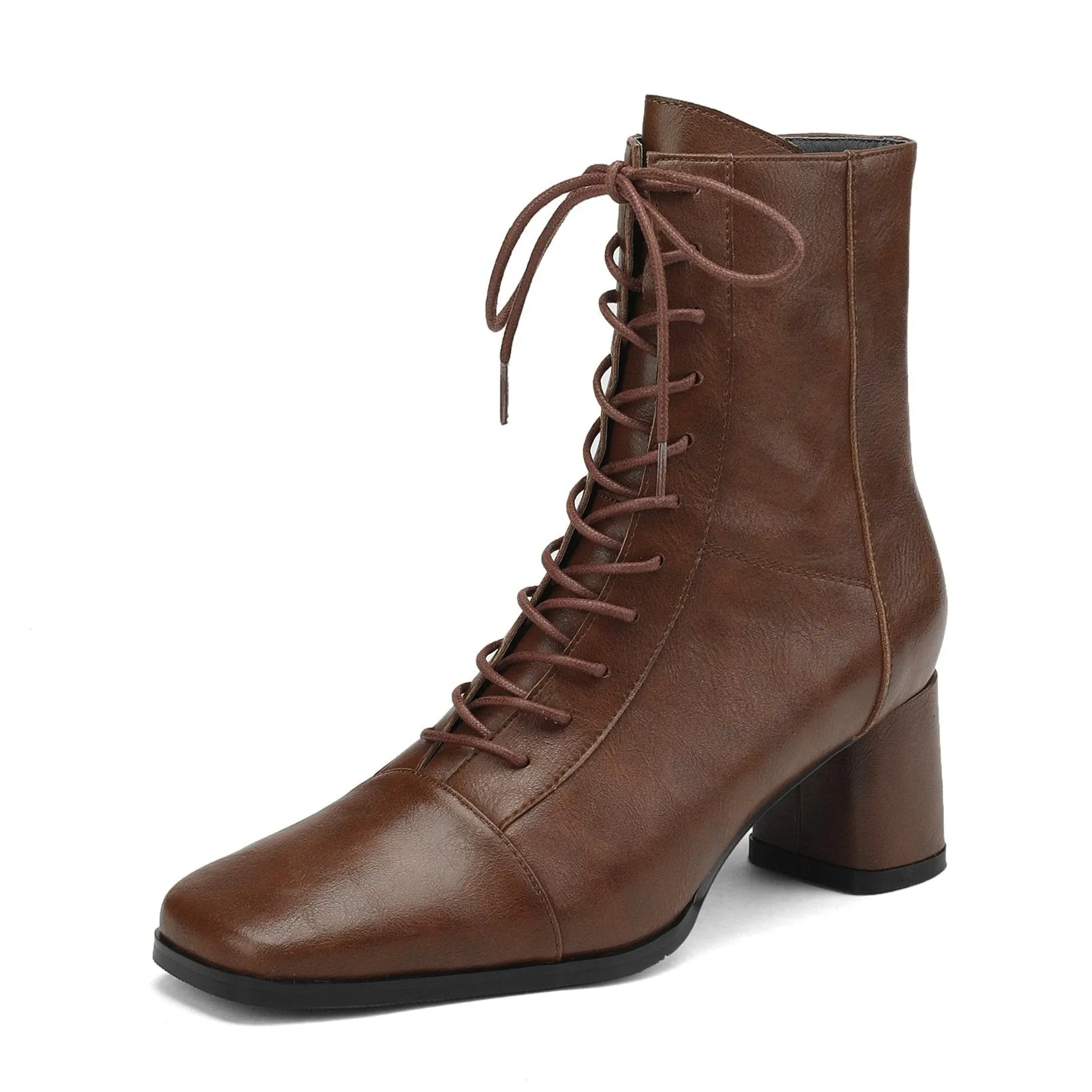 Womens Lace-up Zipper Square Toe Block Heels Leather Ankle Boots