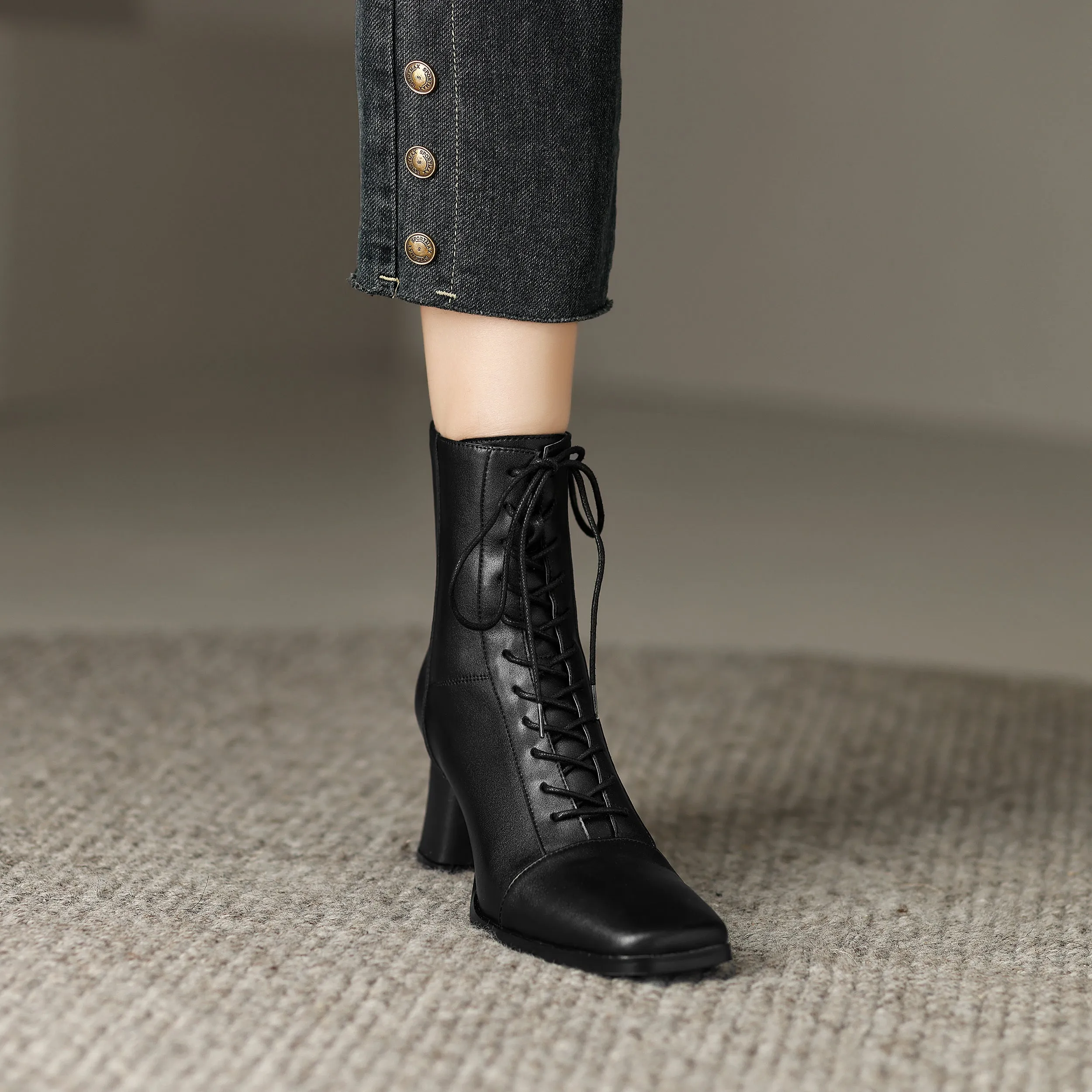 Womens Lace-up Zipper Square Toe Block Heels Leather Ankle Boots