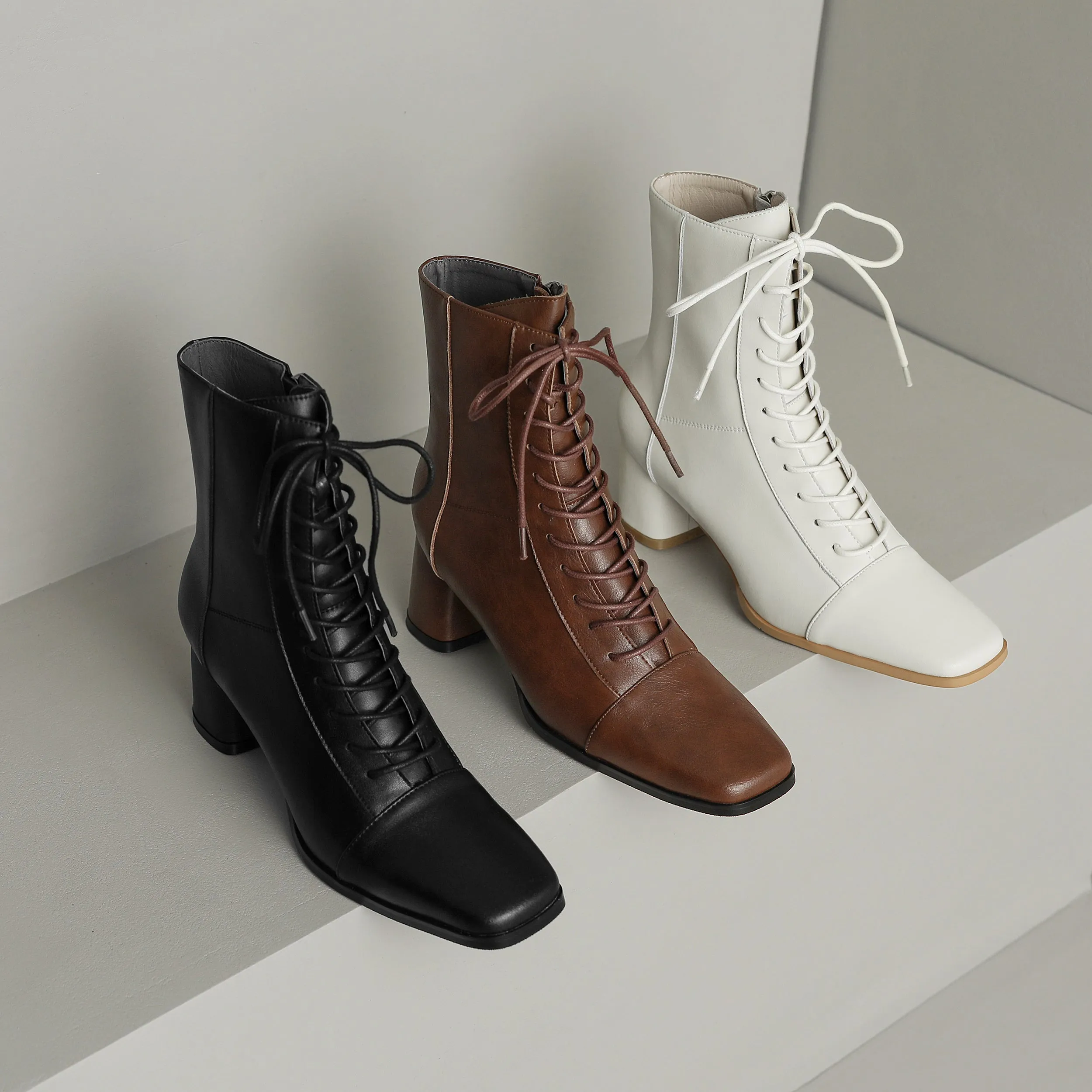 Womens Lace-up Zipper Square Toe Block Heels Leather Ankle Boots