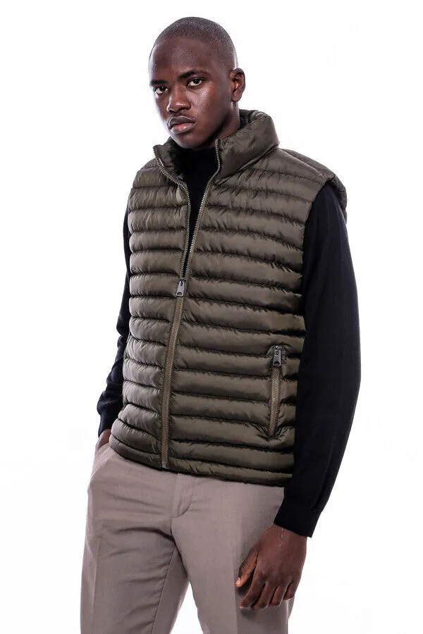 WSS Quilted Zippered Khaki Men Down Vest  - Singen