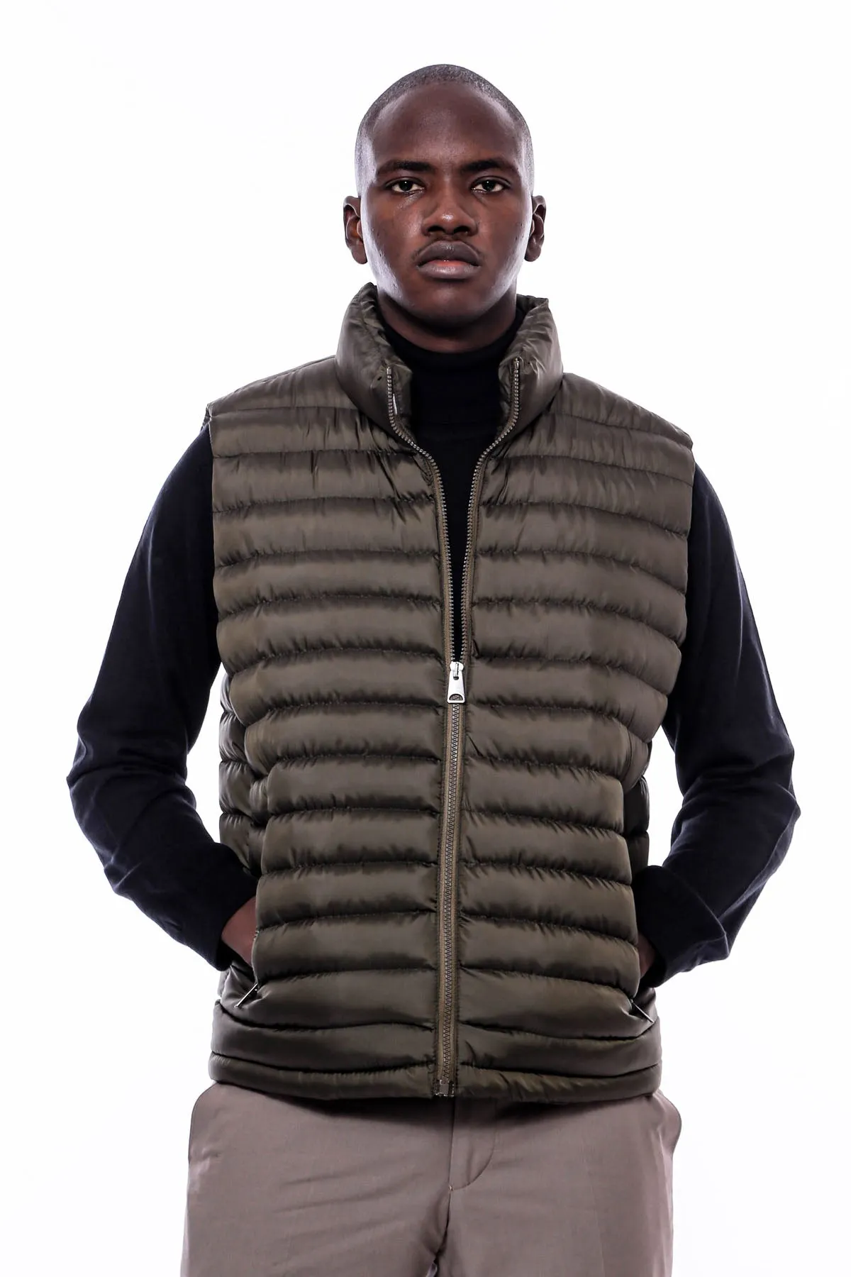 WSS Quilted Zippered Khaki Men Down Vest  - Singen