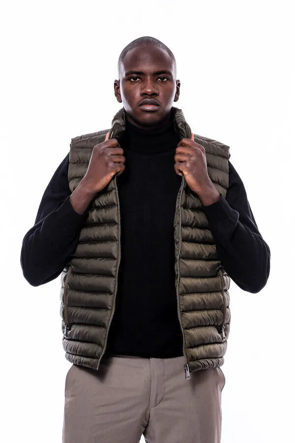 WSS Quilted Zippered Khaki Men Down Vest  - Singen